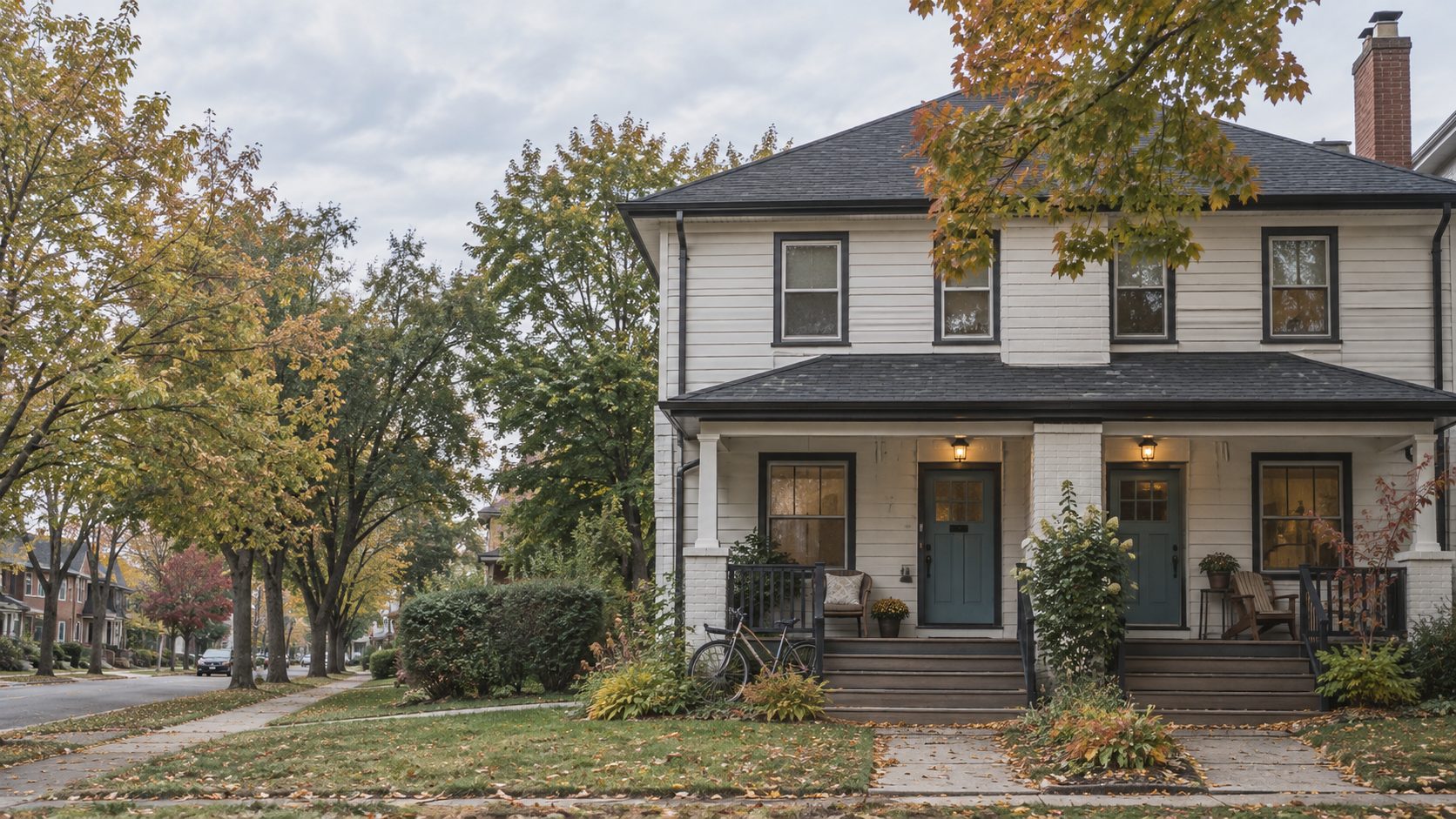 A well-kept duplex with two front doors on a tree-lined residential street